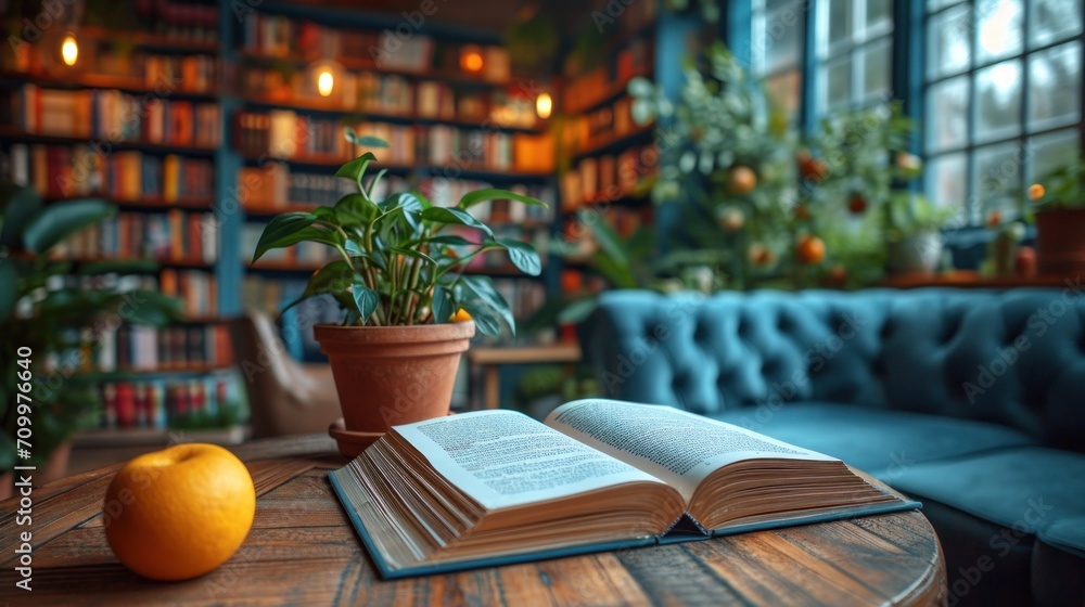 Poster an open book sitting on top of a wooden table next to an orange on top of a table in front of a book