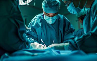 A surgeon operating on a patient, low angle shot