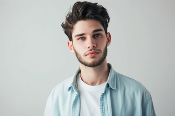 Obraz premium closeup shot of handsome man in blue shirt on white isolated background