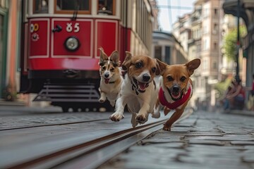 Fototapeta premium The Train Track Tails: A fearless trio of pups, led by the adventurous beagle, chase after the city's iconic trams, leaping onto carriages and hitchhiking across Istanbul