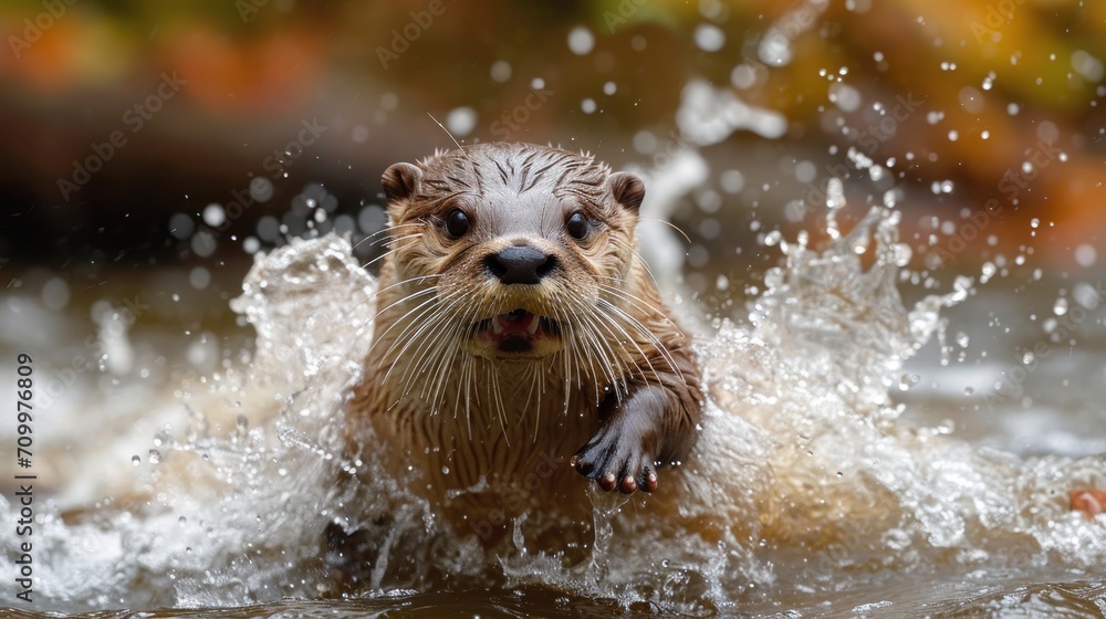 Poster a close up of a wet otter in a body of water with it's mouth open and it's mouth wide open and it's 