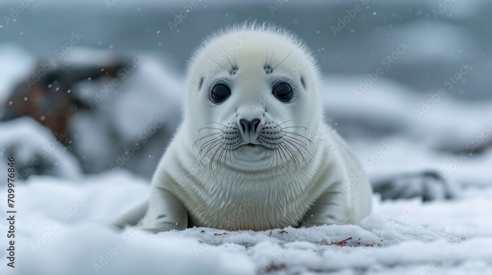 Poster a close up of a baby seal on a snow covered ground with rocks in the background and snow flakes on t