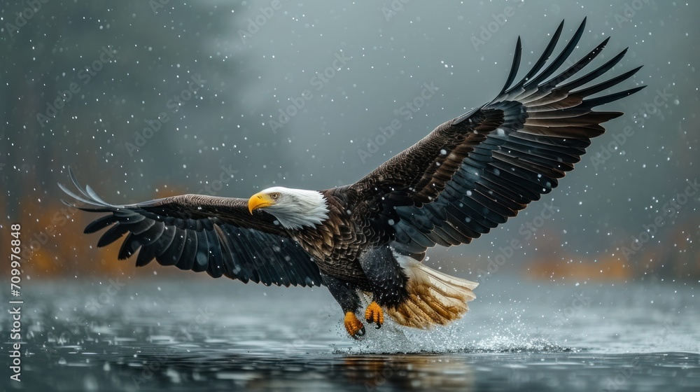 Poster a bald eagle taking off from a body of water with it's wings spread open and it's landing on the wat