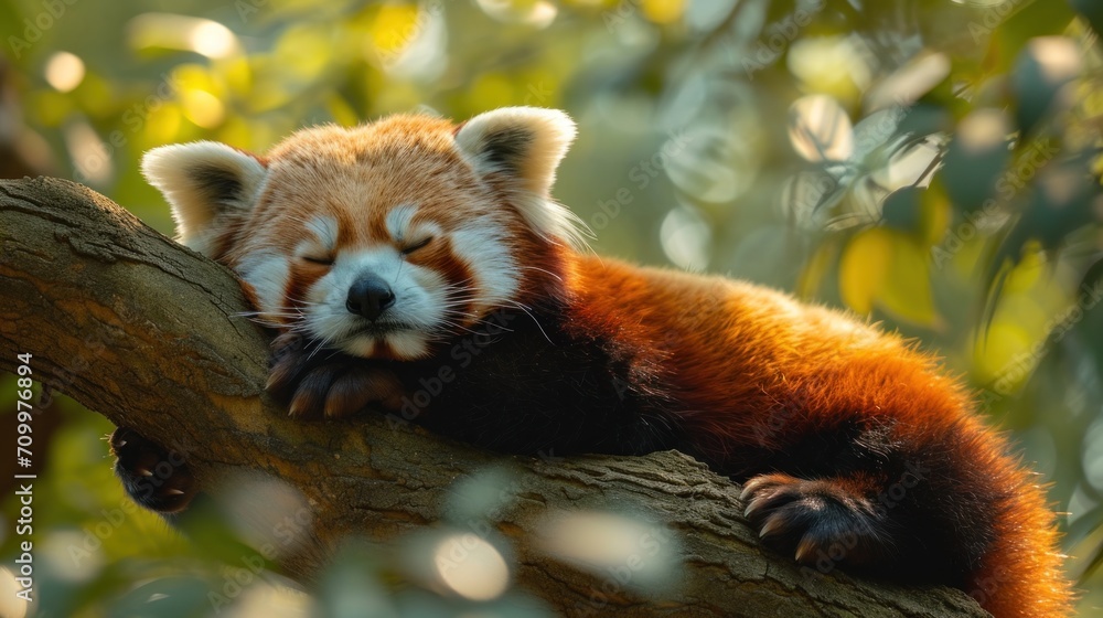 Poster a red panda sleeping in a tree with its head resting on the branch of a tree, with its eyes closed, 