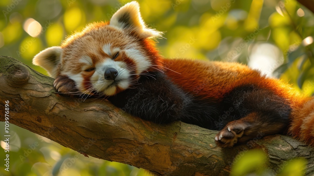 Poster a red panda sleeping on a tree branch with its head resting on the branch of a tree, with its eyes c