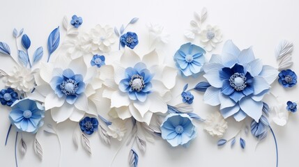 white and blue flowers on a flawless white surface.