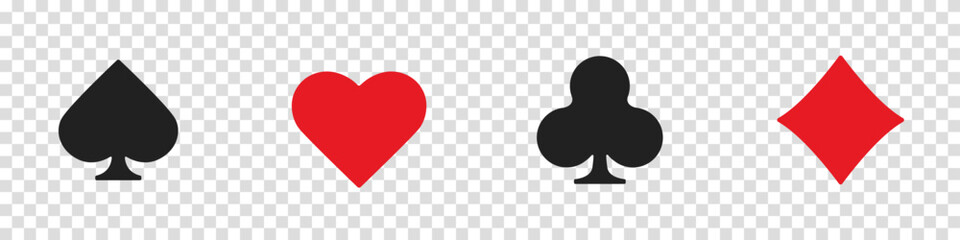 Hearts, clubs, diamonds and spades on an isolated transparent background. Set collection gambling sign symbol of playing card suits and chips for poker and casino. - obrazy, fototapety, plakaty