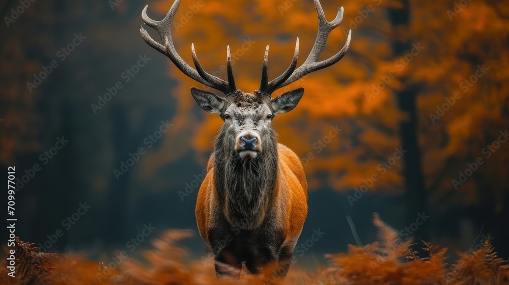 Poster a close up of a deer with antlers on it's head standing in a field of tall grass with trees in the b