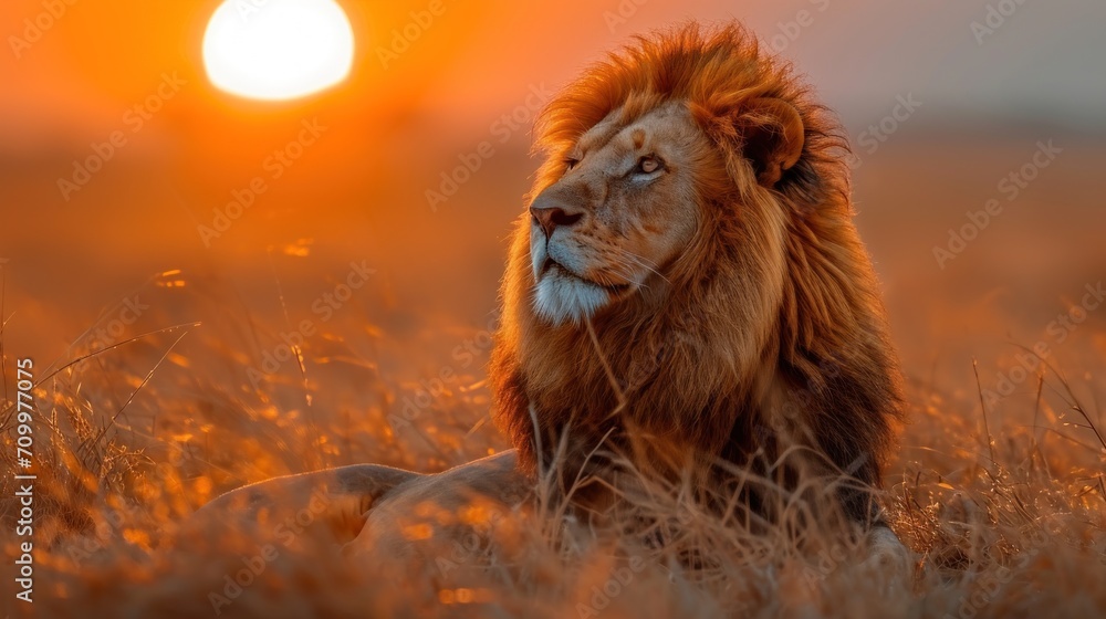 Poster a close up of a lion laying in a field of grass with the sun in the background and a person in the f