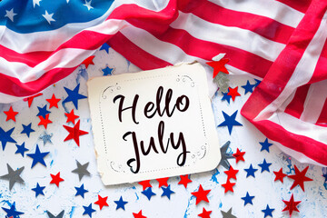united states flag background with a hello july note