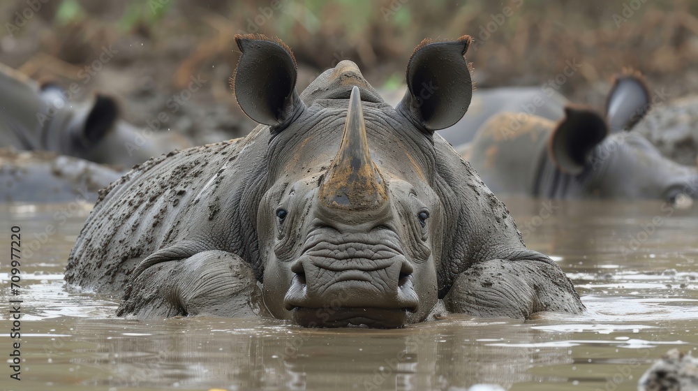 Poster a close up of a rhino's face in a body of water with other animals in the background in the backgrou