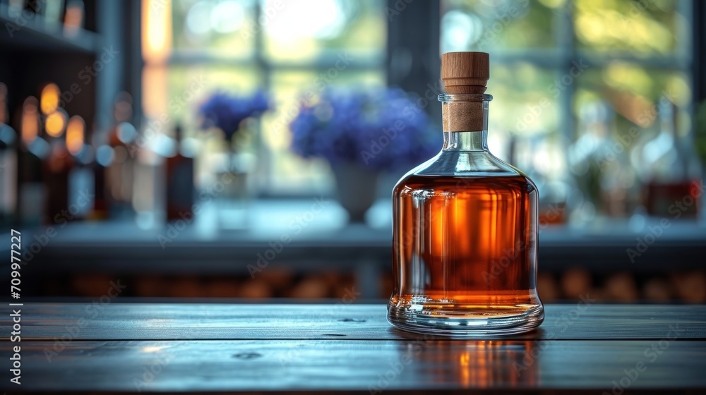 Aufkleber a bottle of liquor sitting on a table in front of a window with a vase of flowers on the other side 