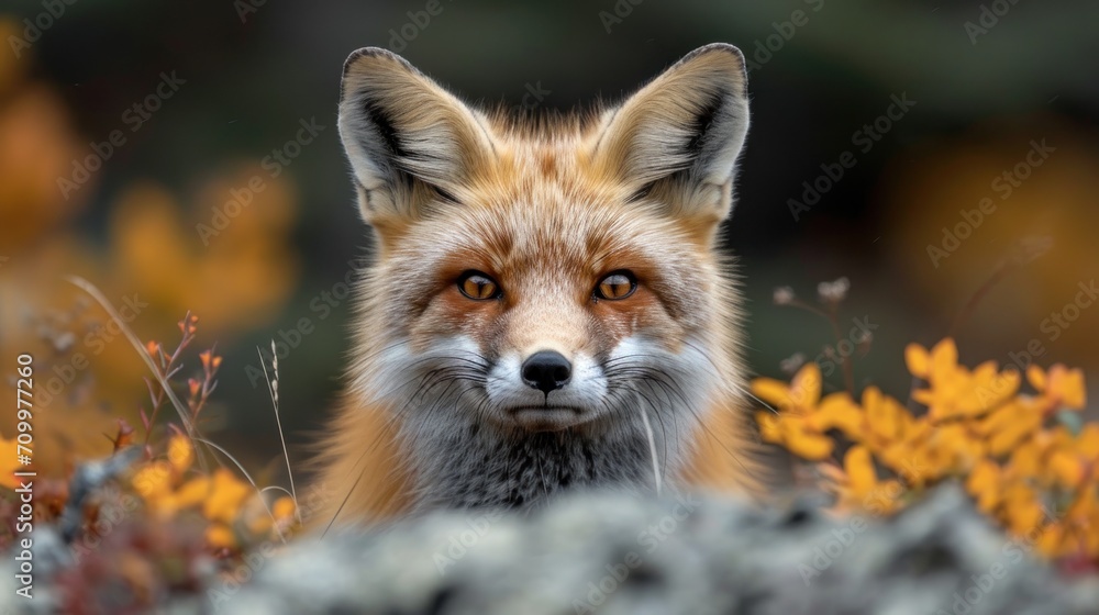 Poster a close up of a fox's face with a background of yellow and red flowers in the foreground and a blurr
