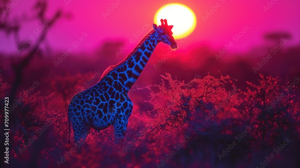 Aufkleber a giraffe standing in the middle of a field with the sun setting in the background and a pink and pu