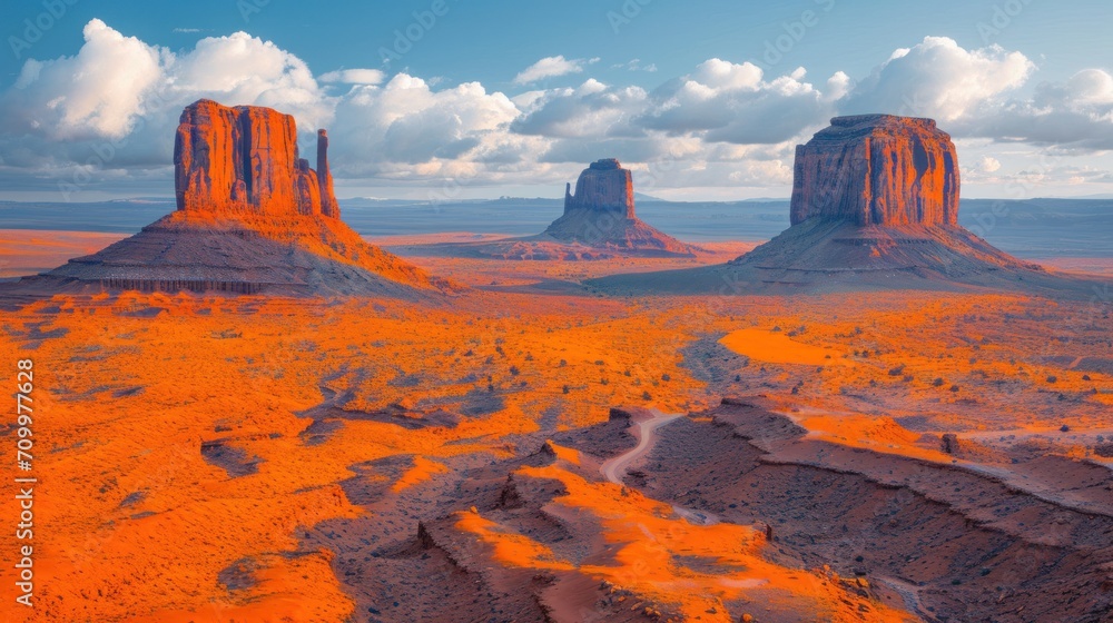 Poster a scenic view of a desert with two large mountains in the distance and a river running through the m