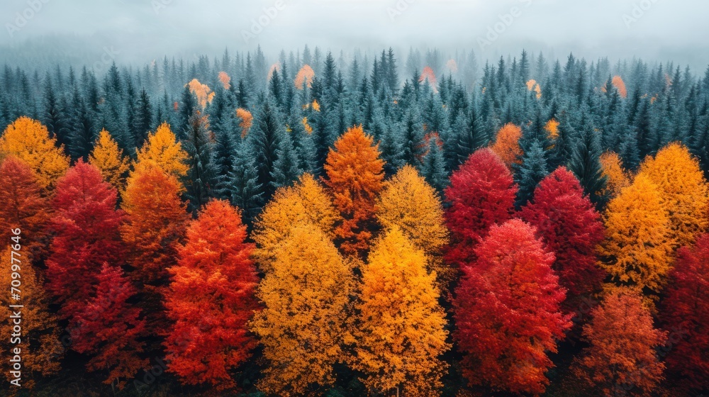 Poster a forest filled with lots of trees next to a forest filled with lots of trees covered in fall colore