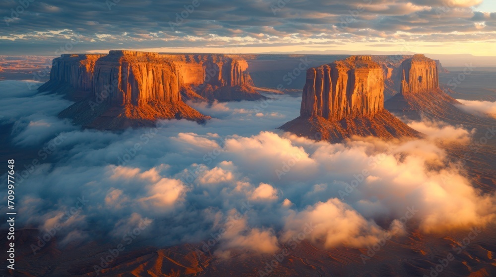 Poster an aerial view of a mountain range with clouds in the foreground and a sky filled with clouds in the