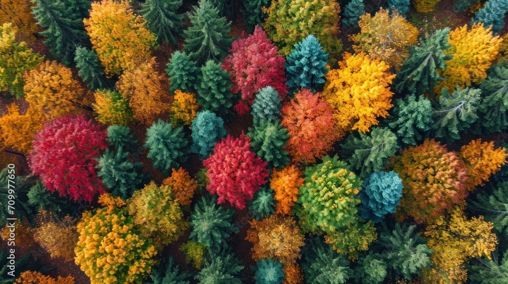 Poster an aerial view of a group of trees with different colors of trees in the middle of the picture, with