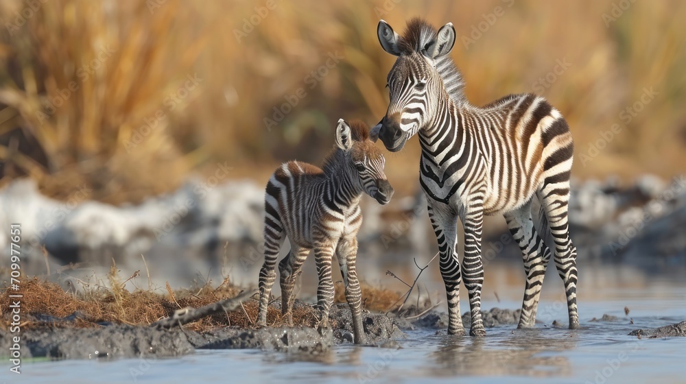 Poster a couple of zebra standing next to each other on top of a body of water in front of a dry grass and 