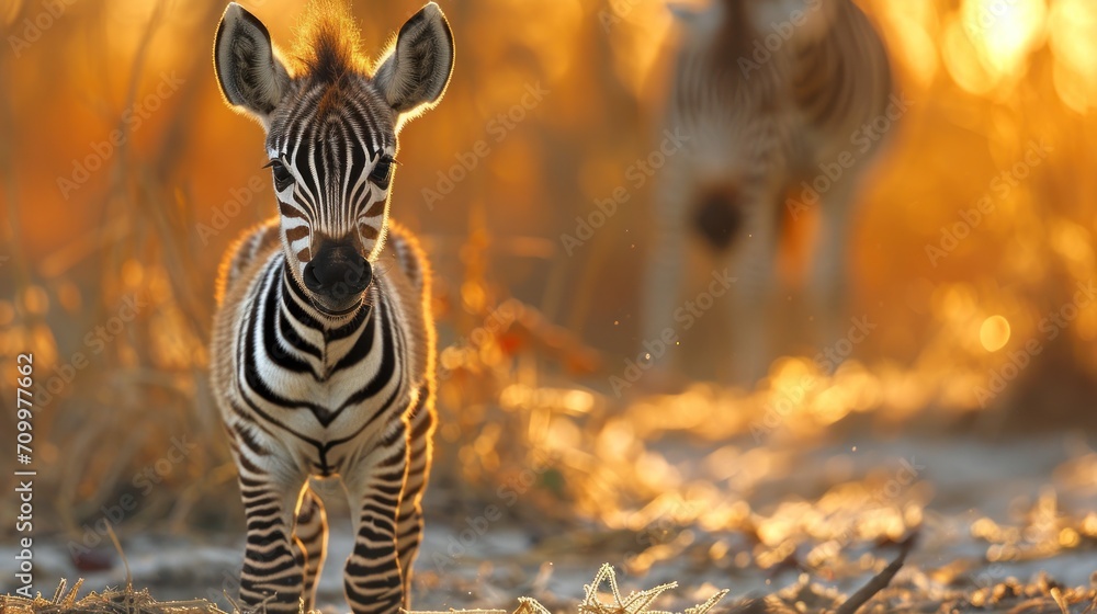 Poster a baby zebra standing next to an adult zebra in a field of grass and dry grass with the sun shining 