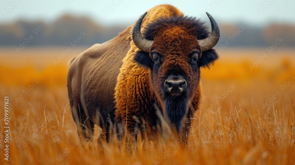 Aufkleber a close up of a bison in a field of tall grass with trees in the back ground and a blue sky in the b