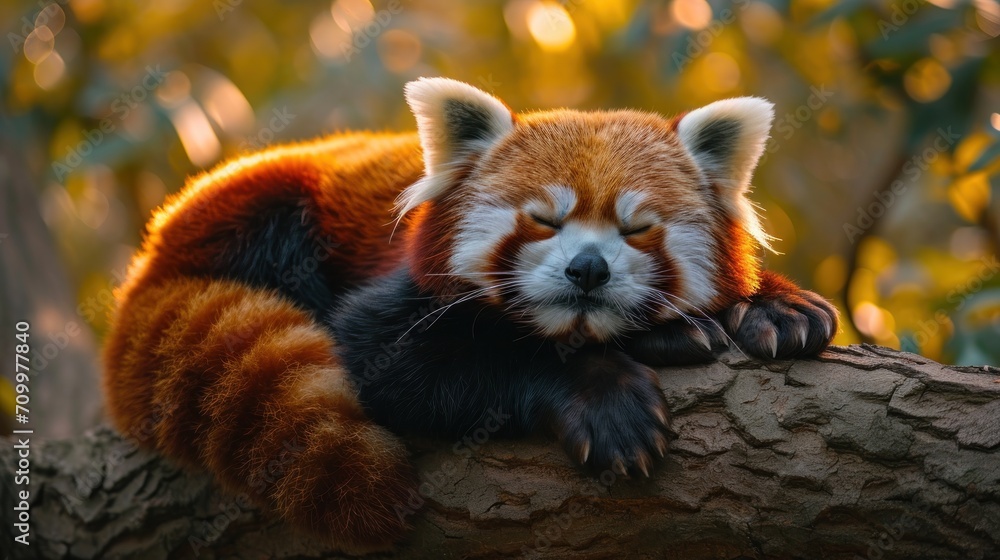 Poster a red panda sleeping on a tree branch with its eyes closed and it's head resting on the branch of a 