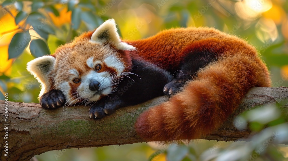 Poster a red panda resting on a tree branch with its head resting on the branch of a tree, with its eyes wi