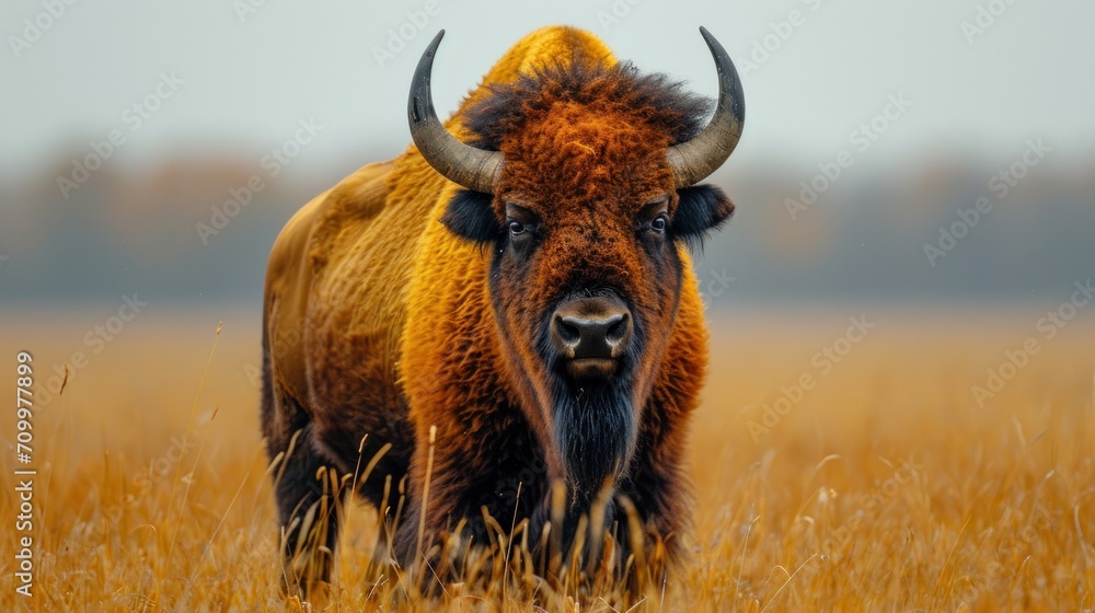 Poster a close up of a bison in a field of tall grass with trees in the back ground and a foggy sky in the 