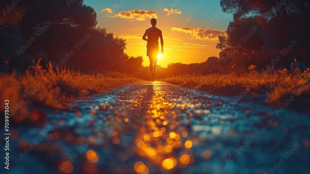 Poster a man running down a road with the sun setting on the other side of the road as the sun sets in the 