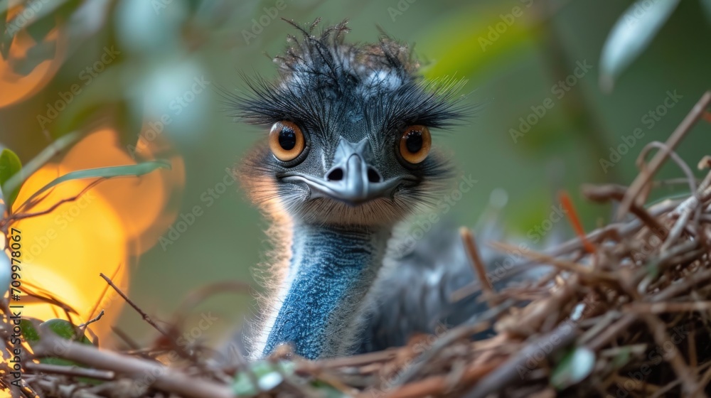 Poster a close up of an ostrich's head in a nest with a tree branch in the foreground and a blurry backgrou