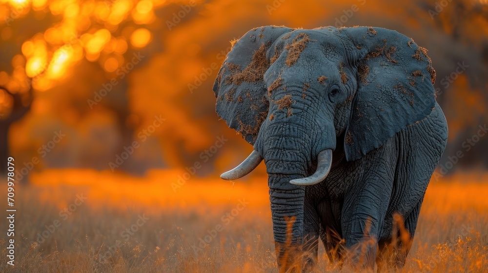 Poster an elephant with tusks walking through a field of tall grass with trees in the background and a brig