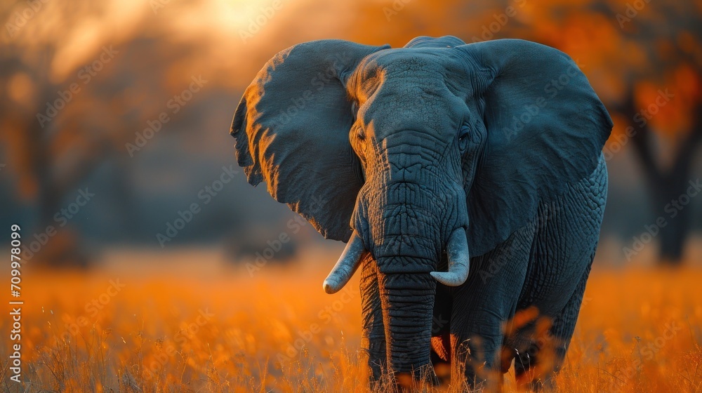 Poster an elephant with tusks standing in a field of tall grass with trees in the background and the sun sh