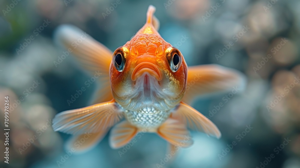Poster a close - up of a goldfish's head looking at the camera with a blurry background of trees and bushes