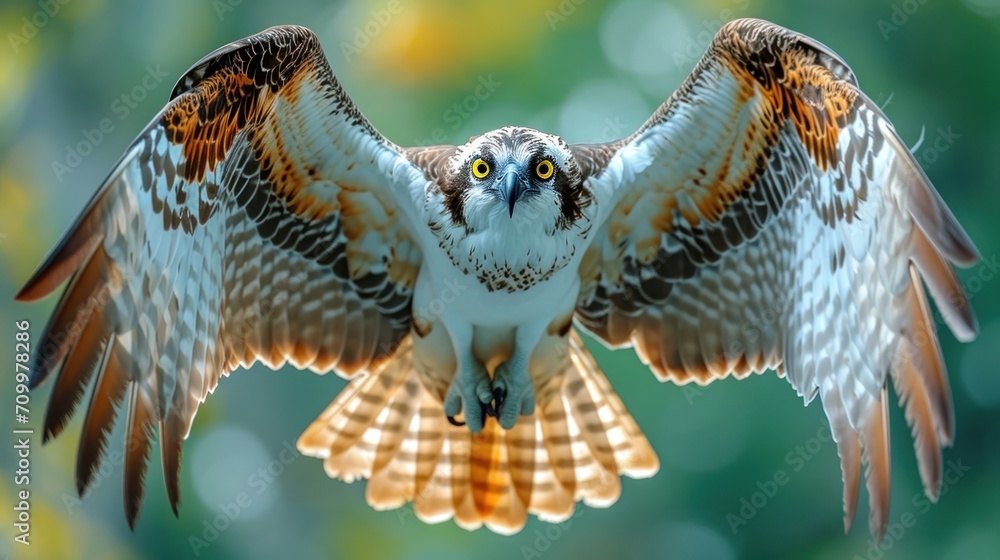 Poster a close up of a bird of prey with it's wings spread open and it's eyes wide open, with a blurry back