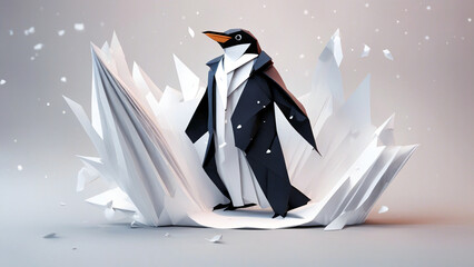 Ein Pinguin im Frack auf einer Eisscholle. Low Poly Komputergrafik.