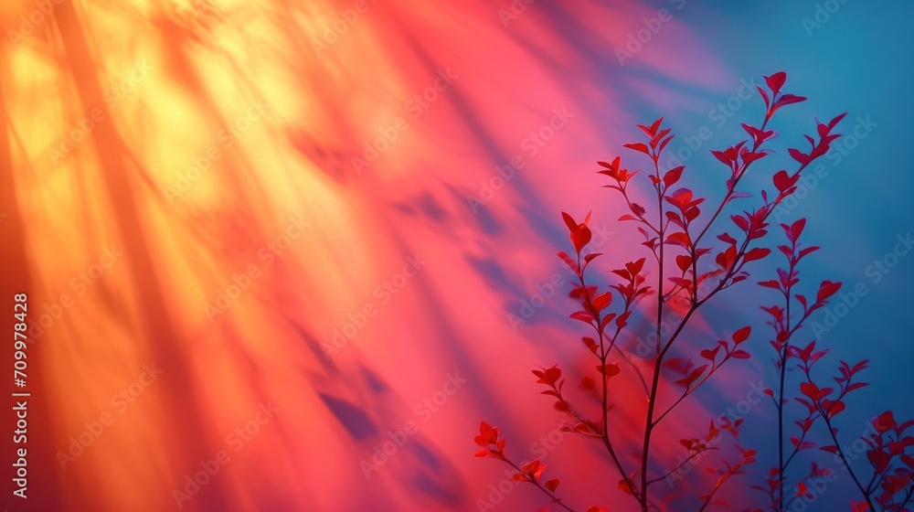 Poster a tree branch with red leaves in front of a multicolored background of clouds and a blue sky with a 