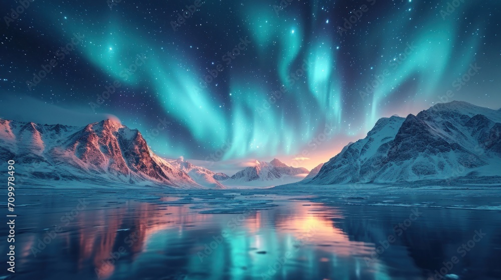 Poster a view of a mountain range with a lake in the foreground and the aurora lights in the sky over the m