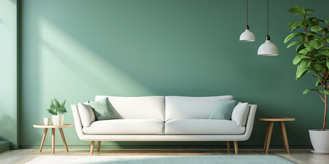 White sofa or couch with side tables on a solid green background, banner size, fresh and calm interior, - obrazy, fototapety, plakaty