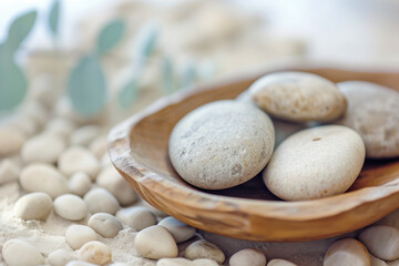 zen stones on the beach in a basket 