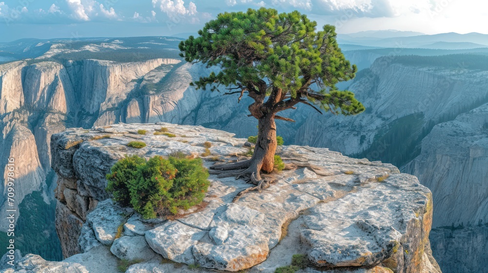 Aufkleber a lone pine tree on the edge of a cliff with a view of a valley and mountains in the distance in the