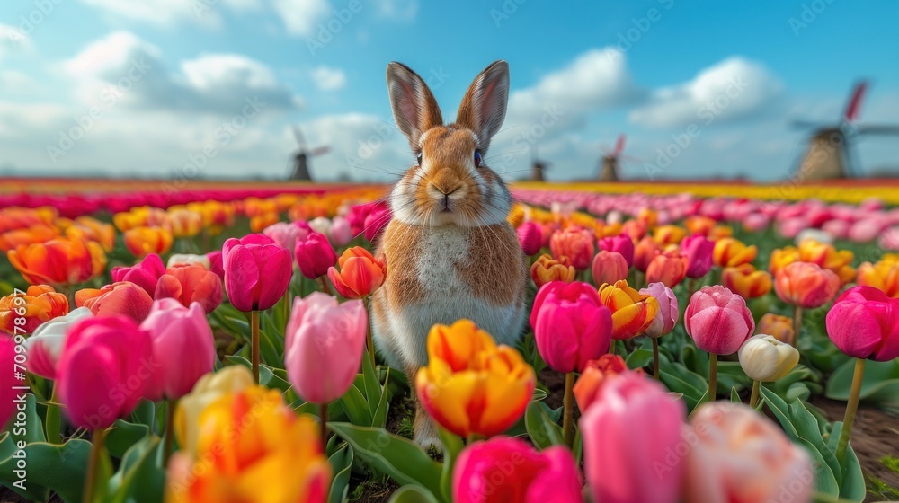 Aufkleber a rabbit sitting in the middle of a field of pink and yellow tulips with windmills in the background