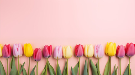 Bouquet of tulips on a pink background, space for text