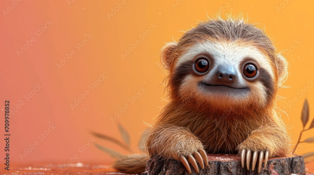 Poster a sloth sitting on top of a tree stump with its paws on a tree stump and looking at the camera with 