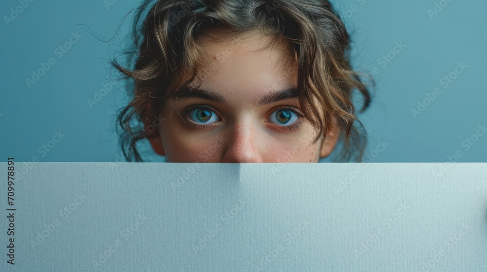 Poster a close up of a person behind a piece of paper with a clock on the side of the paper and a woman's f