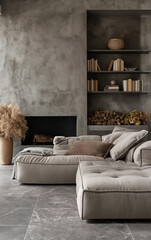 Grey sofa against concrete wall with fireplace and book shelves. Loft home interior design of modern living room