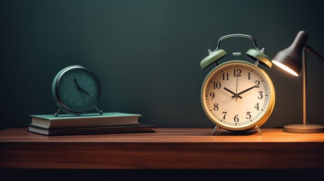 Classic retro old alarm clock on table against wall. AI generated image
