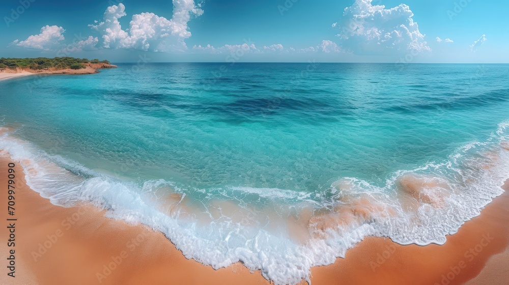 Aufkleber an aerial view of a beach with waves crashing on the sand and a small island in the distance with a 