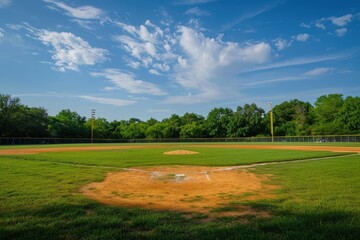Fototapeta premium Landscape with baseball field and trees in the background, sports and leisure concept.