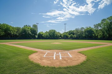 Landscape with baseball field and trees in the background, sports and leisure concept. - obrazy, fototapety, plakaty