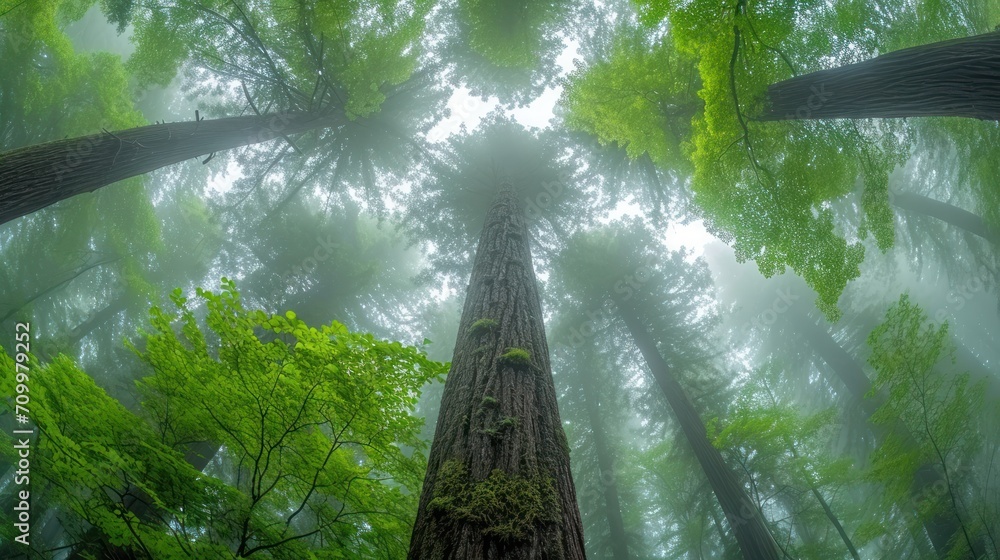 Poster a tall tree standing in the middle of a forest filled with lots of green leaves and tall trees in th
